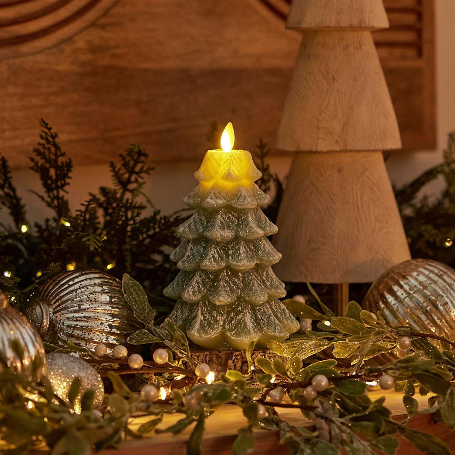 imageLuminara Christmas Tree Flameless LED Candle White Swan 47quot x 65quot Moving Flame Battery Operated Timer Holiday Decor Glitter Snow Finish SafeIceberg Green