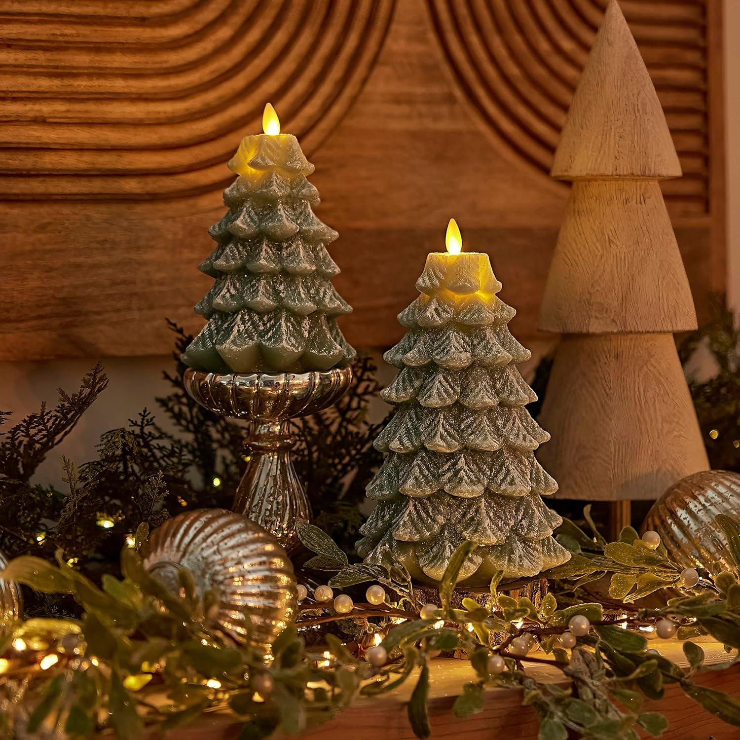 imageLuminara Christmas Tree Flameless LED Candle White Swan 47quot x 65quot Moving Flame Battery Operated Timer Holiday Decor Glitter Snow Finish SafeIceberg Green