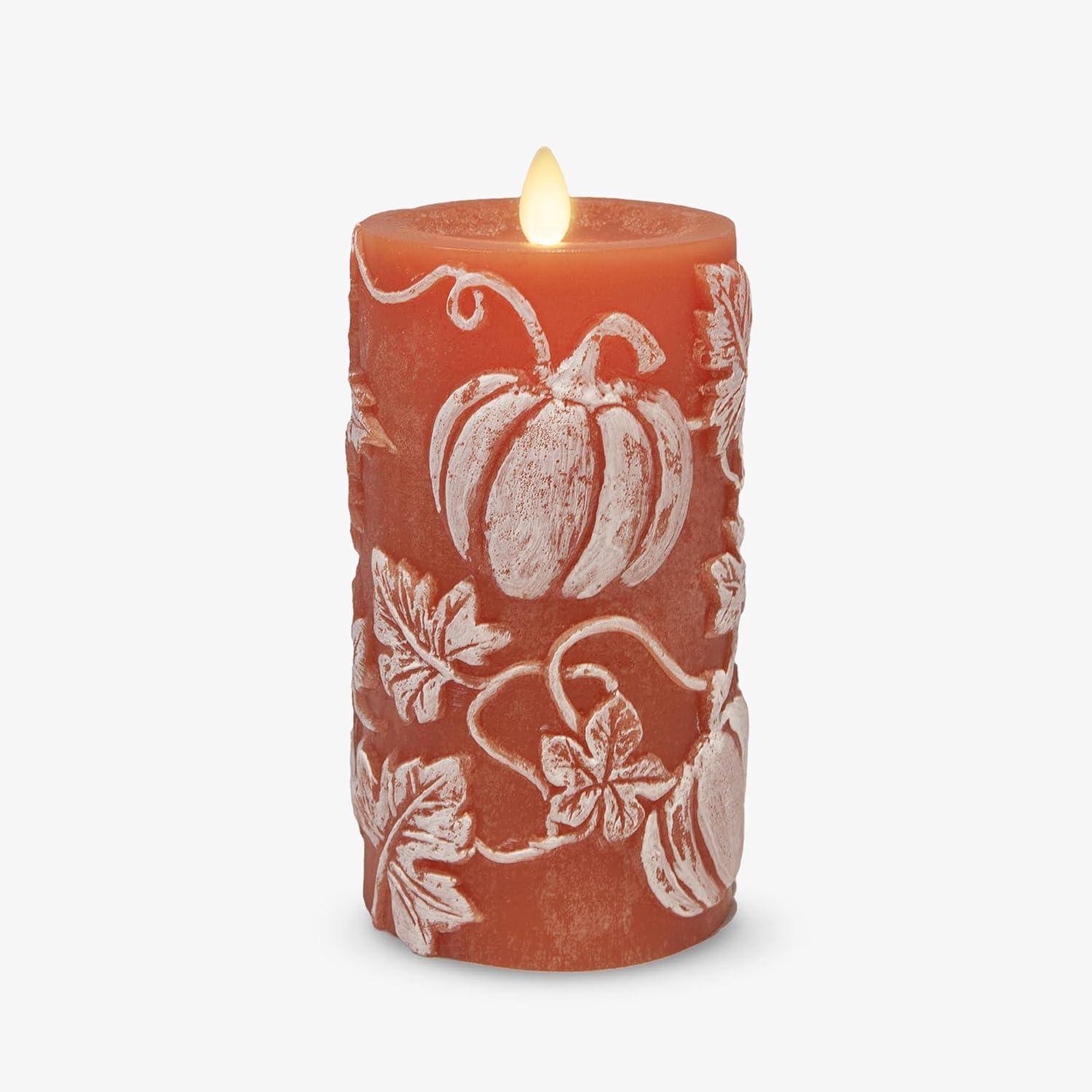 imageLuminara Embossed White Pinecone Flameless LED Candle Pillar 3quot x 65quot  with Recessed Edge Unscented Real Wax LED Battery Operated Candle LightsOrange