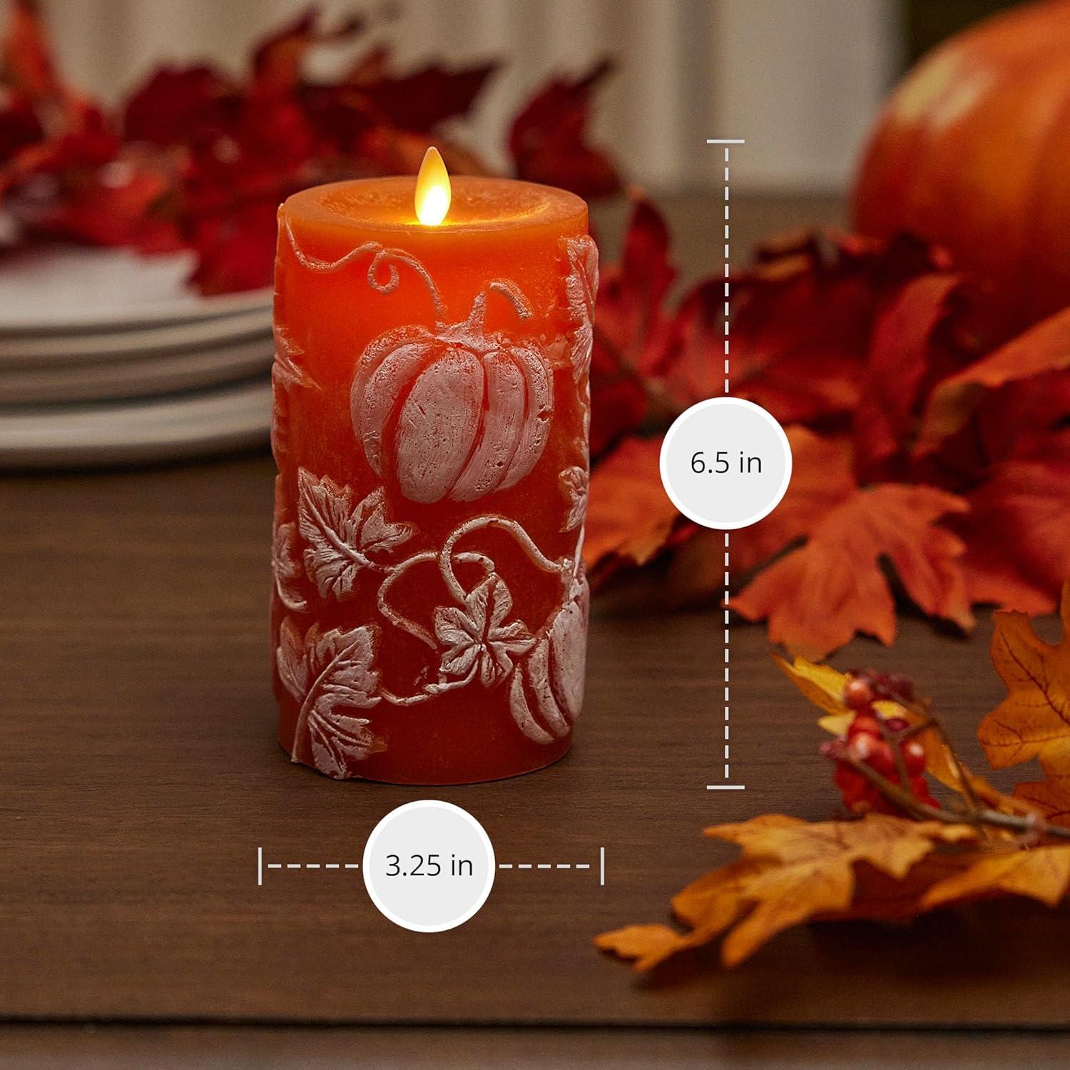imageLuminara Embossed White Pinecone Flameless LED Candle Pillar 3quot x 65quot  with Recessed Edge Unscented Real Wax LED Battery Operated Candle LightsOrange