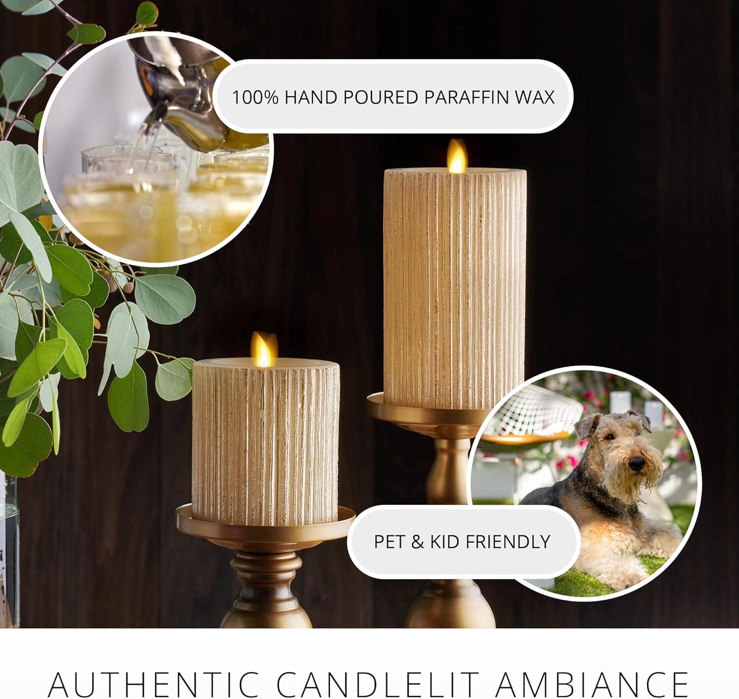 imageLuminara Metallic Embossed Pillar Champagne Flameless LED Candle 325quot x 65quot Battery Operated Real Flame Technology wTimer Function Paraffin WaxChampagne