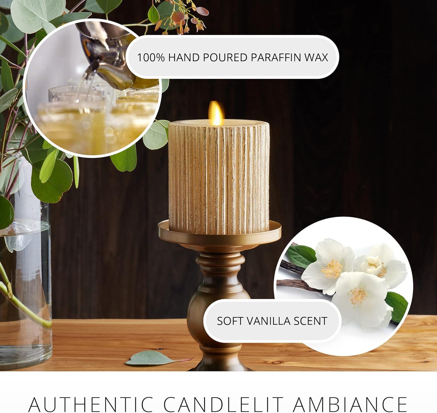 imageLuminara Metallic Embossed Pillar Champagne Flameless LED Candle 325quot x 65quot Battery Operated Real Flame Technology wTimer Function Paraffin WaxChampagne