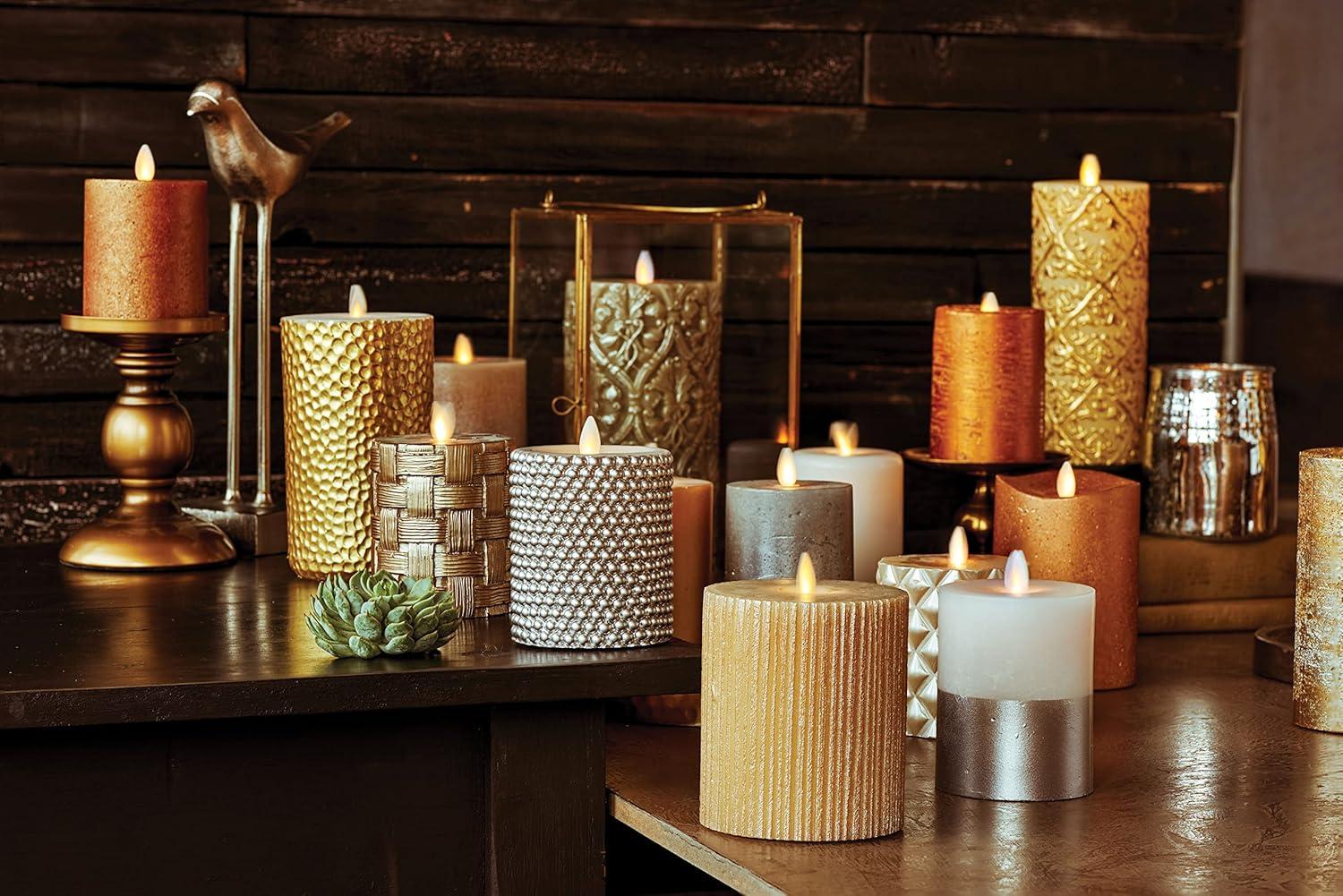 imageLuminara Metallic Embossed Pillar Champagne Flameless LED Candle 325quot x 65quot Battery Operated Real Flame Technology wTimer Function Paraffin WaxChampagne