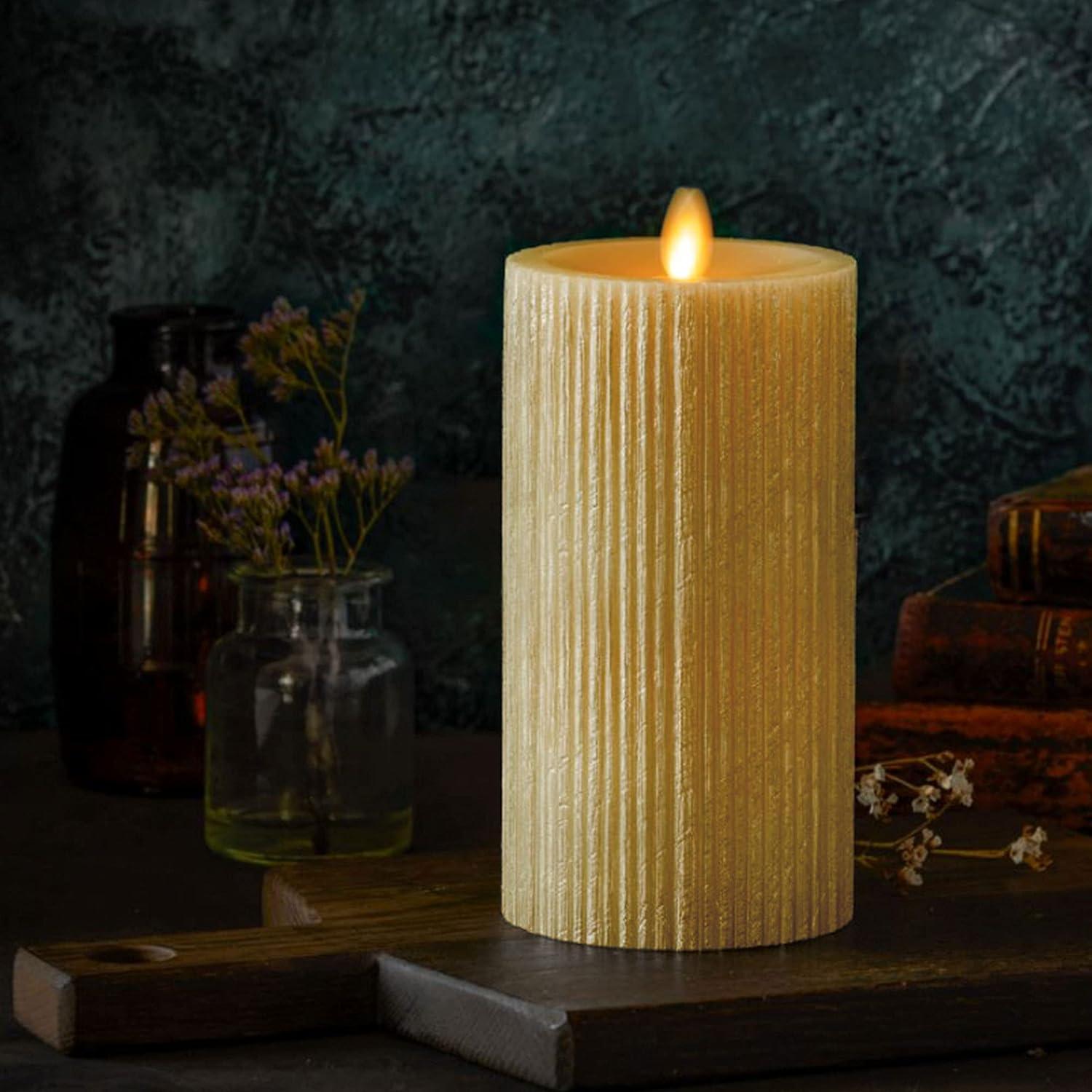 imageLuminara Metallic Embossed Pillar Champagne Flameless LED Candle 325quot x 65quot Battery Operated Real Flame Technology wTimer Function Paraffin WaxChampagne