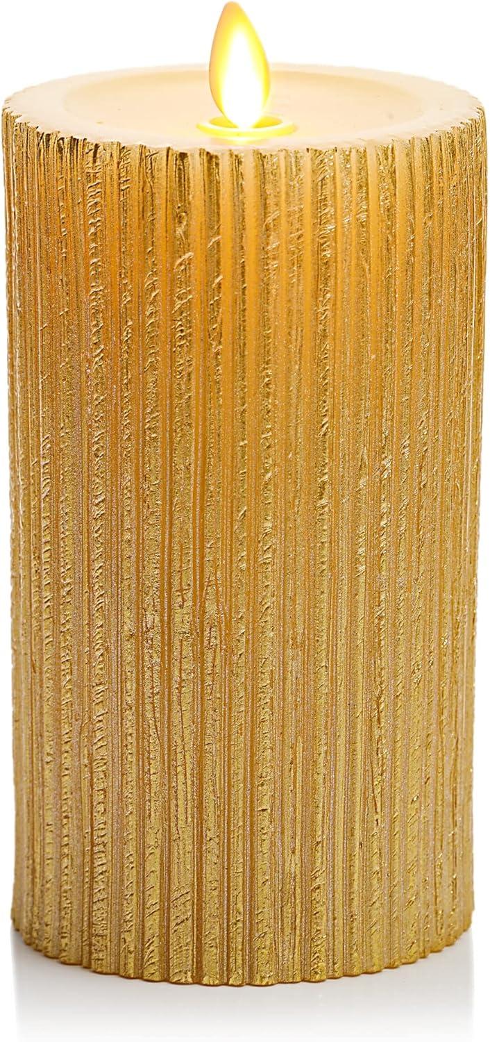 imageLuminara Metallic Embossed Pillar Champagne Flameless LED Candle 325quot x 65quot Battery Operated Real Flame Technology wTimer Function Paraffin WaxChampagne