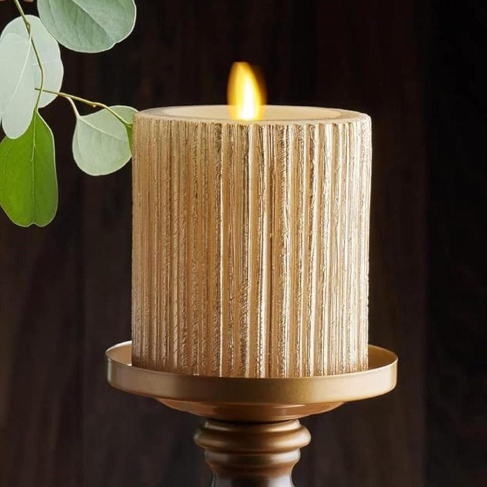 imageLuminara Metallic Embossed Pillar Champagne Flameless LED Candle 325quot x 65quot Battery Operated Real Flame Technology wTimer Function Paraffin WaxChampagne