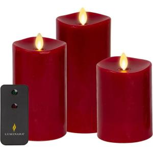 imageLuminara Realistic Flameless LED Candle White Set of 3 Battery Operated with Remote Control Moving Flame Pillar Timer Funtion Melted Top SafeBurgundy