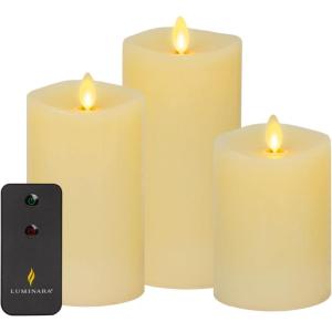imageLuminara Realistic Flameless LED Candle White Set of 3 Battery Operated with Remote Control Moving Flame Pillar Timer Funtion Melted Top SafeIvory