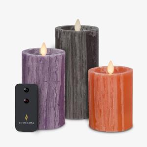 imageLuminara Realistic Flameless LED Candle White Set of 3 Battery Operated with Remote Control Moving Flame Pillar Timer Funtion Melted Top SafeMulticolor