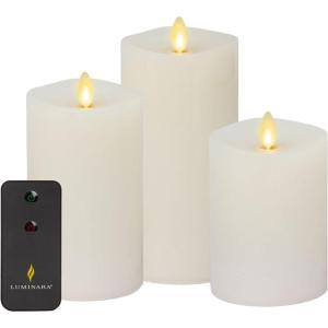 imageLuminara Realistic Flameless LED Candle White Set of 3 Battery Operated with Remote Control Moving Flame Pillar Timer Funtion Melted Top SafeWhite