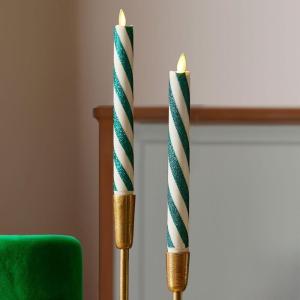 imageLuminara Set of 2 Moving Flame LED Taper 1x975 Flameless Candle Melted Edge Smooth Wax Unscented WhiteCandy Cane Green