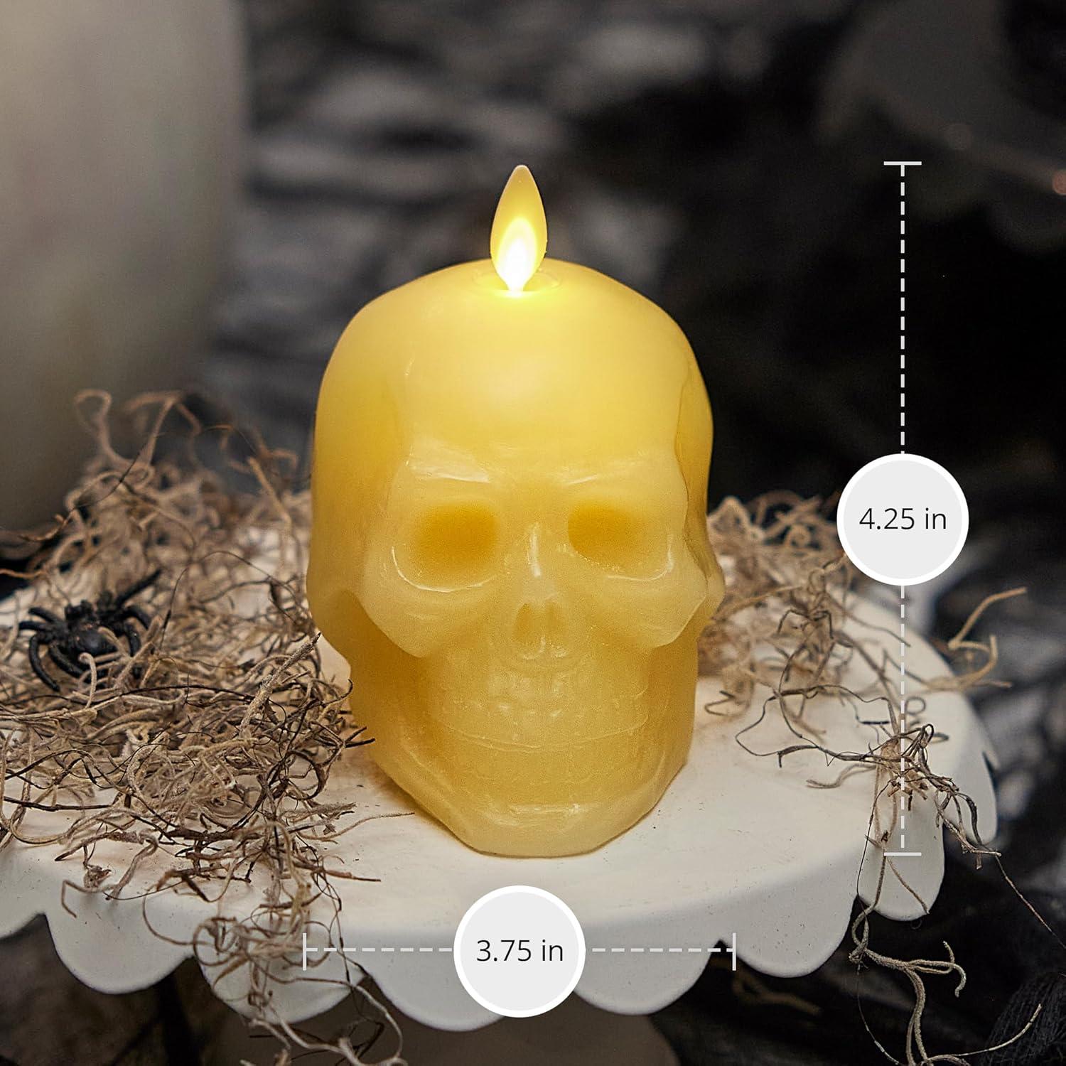 imageLuminara Flameless Hallooween Decor  Skeleton Figural LED Candle Natural Color Ivory 374quot x 425quot Real Wax Moving Flame Battery Operated wTimerIvory Skull