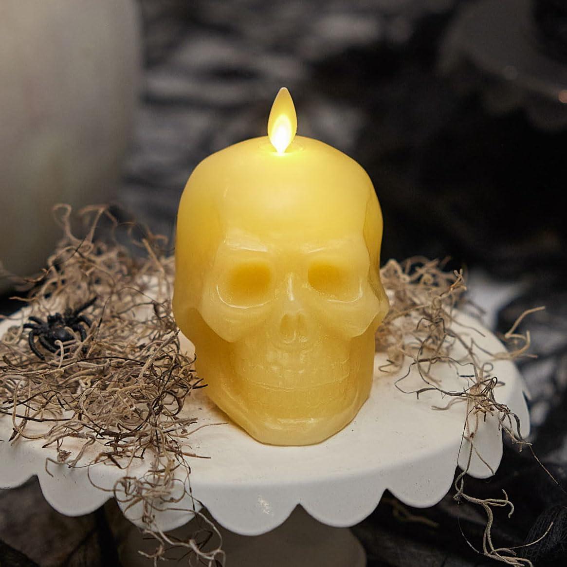 imageLuminara Flameless Hallooween Decor  Skeleton Figural LED Candle Natural Color Ivory 374quot x 425quot Real Wax Moving Flame Battery Operated wTimerIvory Skull