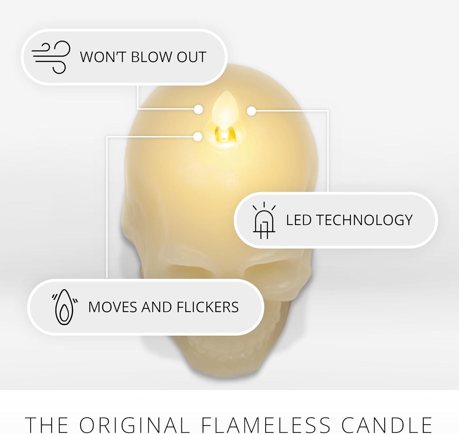 imageLuminara Flameless Hallooween Decor  Skeleton Figural LED Candle Natural Color Ivory 374quot x 425quot Real Wax Moving Flame Battery Operated wTimerIvory Skull