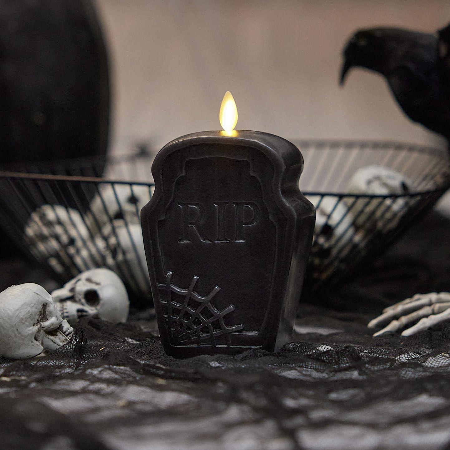 imageLuminara Flameless Hallooween Decor  Skeleton Figural LED Candle Natural Color Ivory 374quot x 425quot Real Wax Moving Flame Battery Operated wTimerTombstone