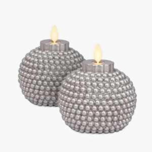 imageLuminara Set of 2 Flameless Moving Flame Candle Ornaments  Silver 35quot x 425quot with Remote Control  Unscented Real Wax Embossed Pearl Metallic Paint Finish