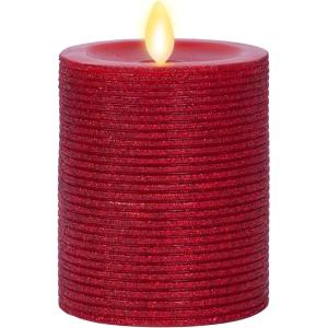 imageLuminara Realistic LED Moving Flame Pillar Candle Gold Metallic Glitter 3quot x 4quot Inch Battery Operated wRemote Indoor Outdoor Timer FunctionHorizontal Red