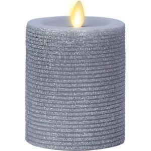 imageLuminara Realistic LED Moving Flame Pillar Candle Gold Metallic Glitter 3quot x 4quot Inch Battery Operated wRemote Indoor Outdoor Timer FunctionHorizontal Silver