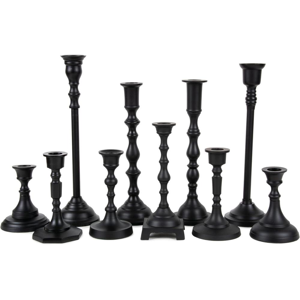 imageKoyal Wholesale Vintage Gold Mixed Taper Holders Set of 10 Mismatched Candlesticks Set Bohemian Decorative Candle SetMatte Black
