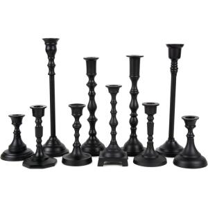 imageKoyal Wholesale Vintage Gold Mixed Taper Holders Set of 10 Mismatched Candlesticks Set Bohemian Decorative Candle SetMatte Black