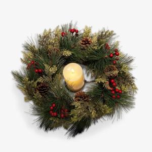 imageLuminara 18quot Holiday Wreath ampamp Centerpiece wRed Berries Ivory Melted Top Flameless LED Candle 3quot x 45quot Unscented Paraffin Wax Front Door Decor