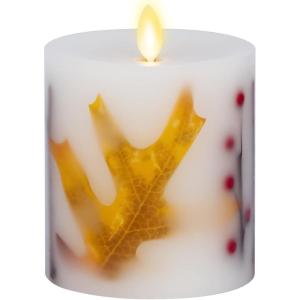 imageLuminara Embedded Flameless LED Candle  Red Berry 35quot x 45quot  Moving Flame Pillar Battery Operated Timer Real Wax Unscented SafeOrange Leaf