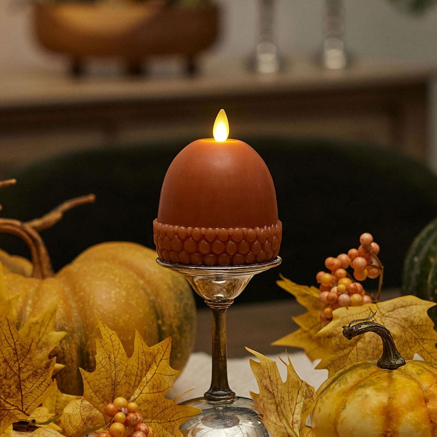 imageLuminara Flameless Fall Harvest Decor  Acorn Figural LED Candle Natural Color Brown 3quot x 45quot Real Wax Moving Flame Battery Operated wTimer Indoor Use
