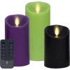 imageLuminara Set of 3 Halloween MultiColor and Size Flameless LED Candle Pillars with 10Button Remote Control Scalloped Edge Unscented Real Wax Timer