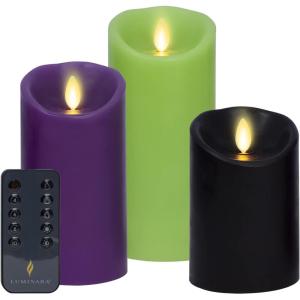 imageLuminara Set of 3 Halloween MultiColor and Size Flameless LED Candle Pillars with 10Button Remote Control Scalloped Edge Unscented Real Wax Timer
