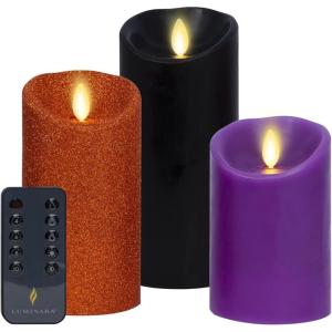 imageLuminara Set of 3 Halloween MultiColor with Orange Glitter and Sizes Flameless LED Candle Pillars with 10Button Remote Control Scalloped Edge Unscented Real Wax Timer