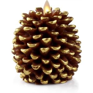 imageLuminara Pine Cone Candles 35 x 4 Unscented Battery Operated Flameless Candles with Timer Brown with Gold Accents