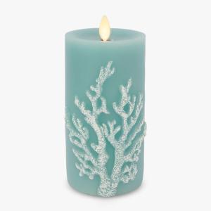 imageLuminara Embossed Coral Flameless LED Candle Moving Flame Pillar Unscented Real Wax with Recessed Edge 3quot x 65quot Soft Teal