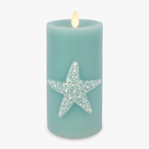 imageLuminara Embossed Starfish Flameless LED Candle Moving Flame Pillar Unscented Real Wax with Recessed Edge  3quot x 65quot Soft Teal