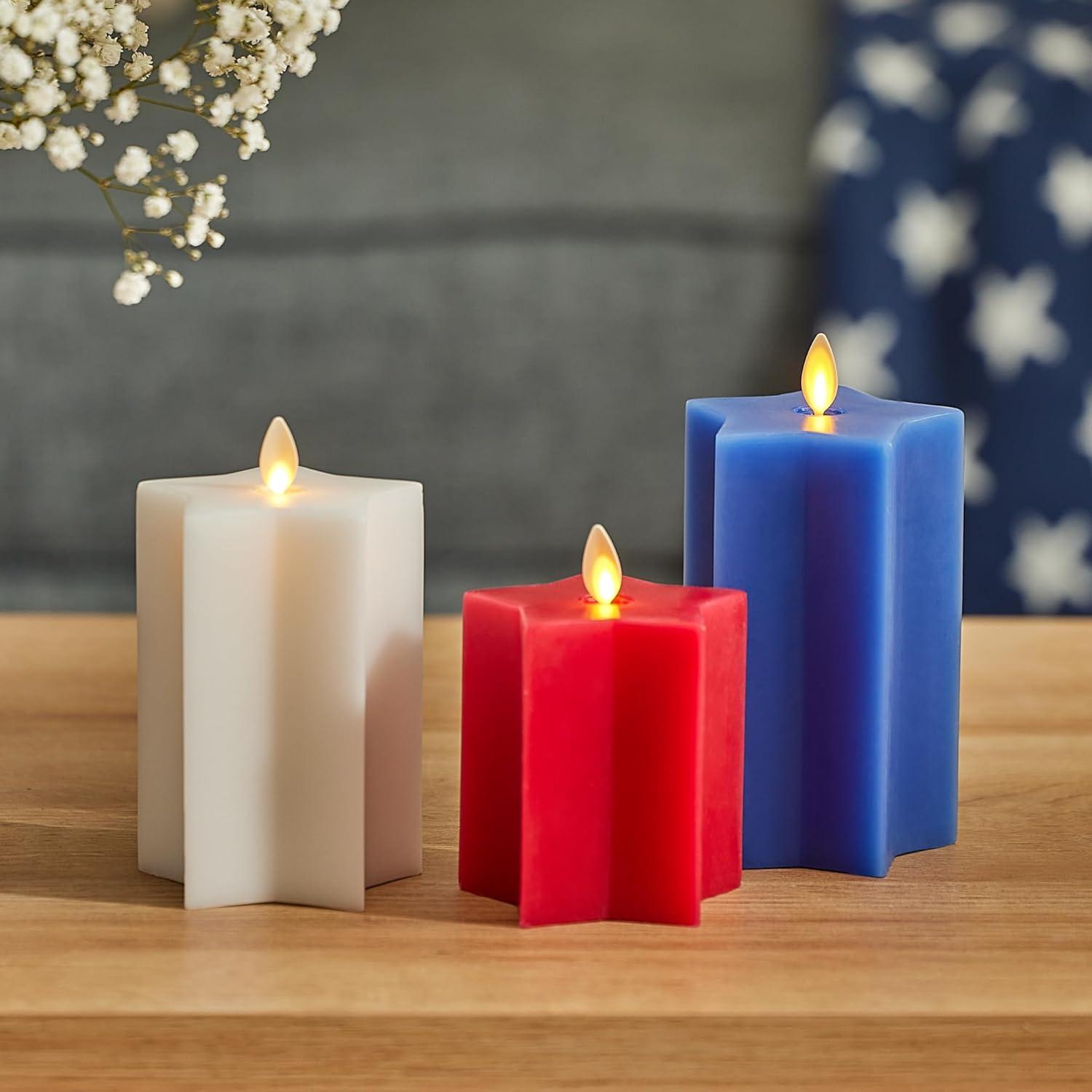 imageLuminara Americana Set of 3 Red White ampamp Blue StarShaped Flameless Candle Pillars  32quot x 43quot  55quot  6quot Real Wax Moving Flame LED Candle