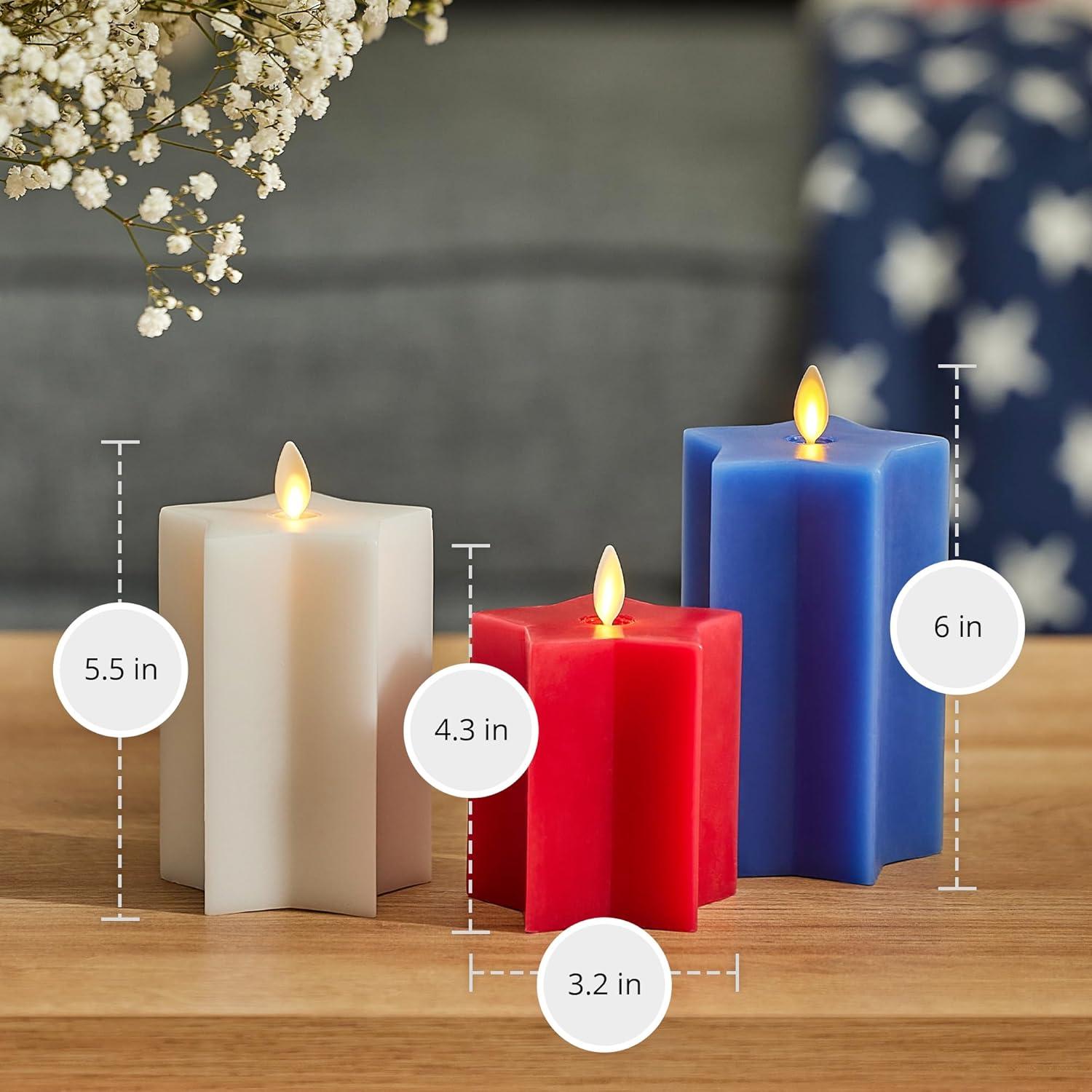 imageLuminara Americana Set of 3 Red White ampamp Blue StarShaped Flameless Candle Pillars  32quot x 43quot  55quot  6quot Real Wax Moving Flame LED Candle