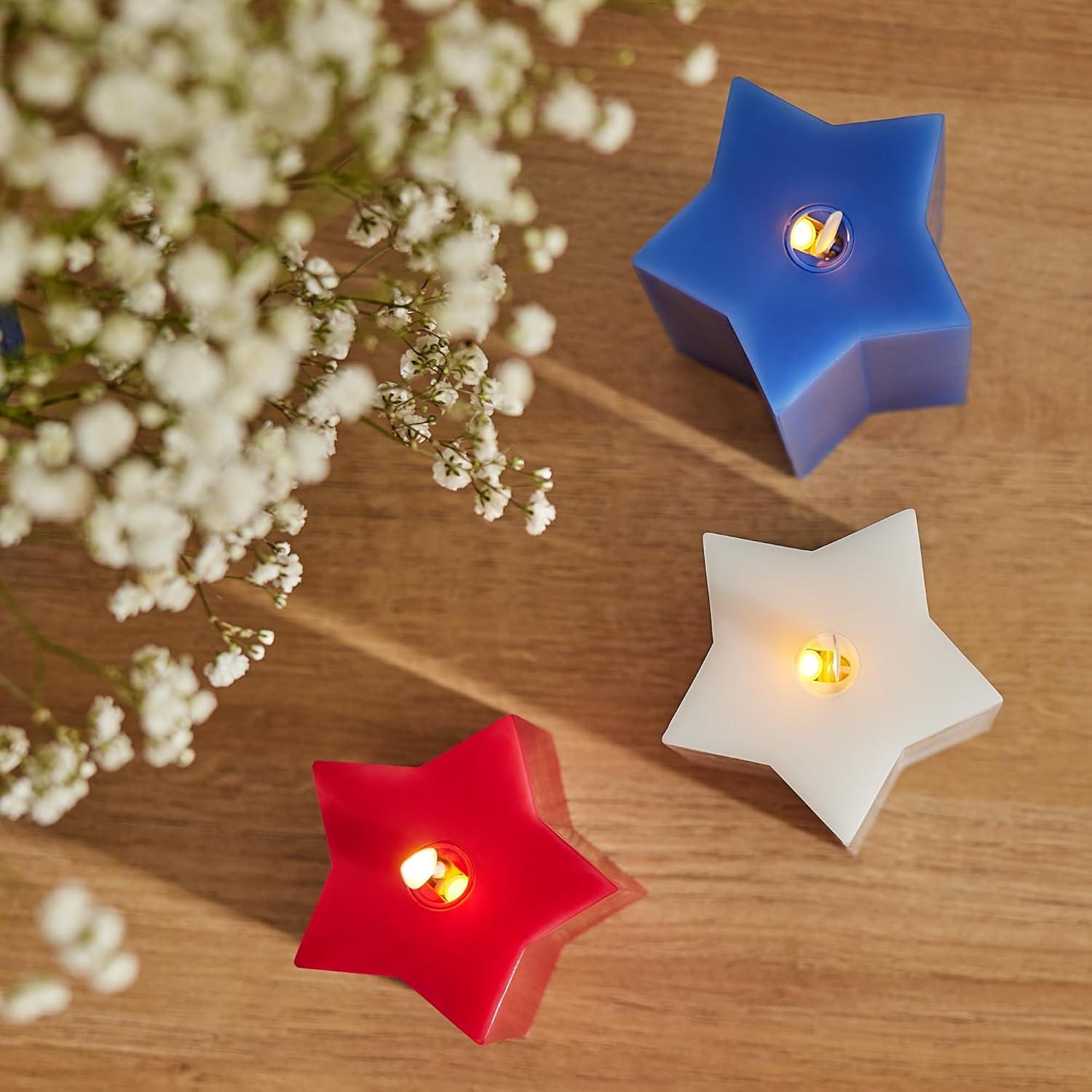 imageLuminara Americana Set of 3 Red White ampamp Blue StarShaped Flameless Candle Pillars  32quot x 43quot  55quot  6quot Real Wax Moving Flame LED Candle