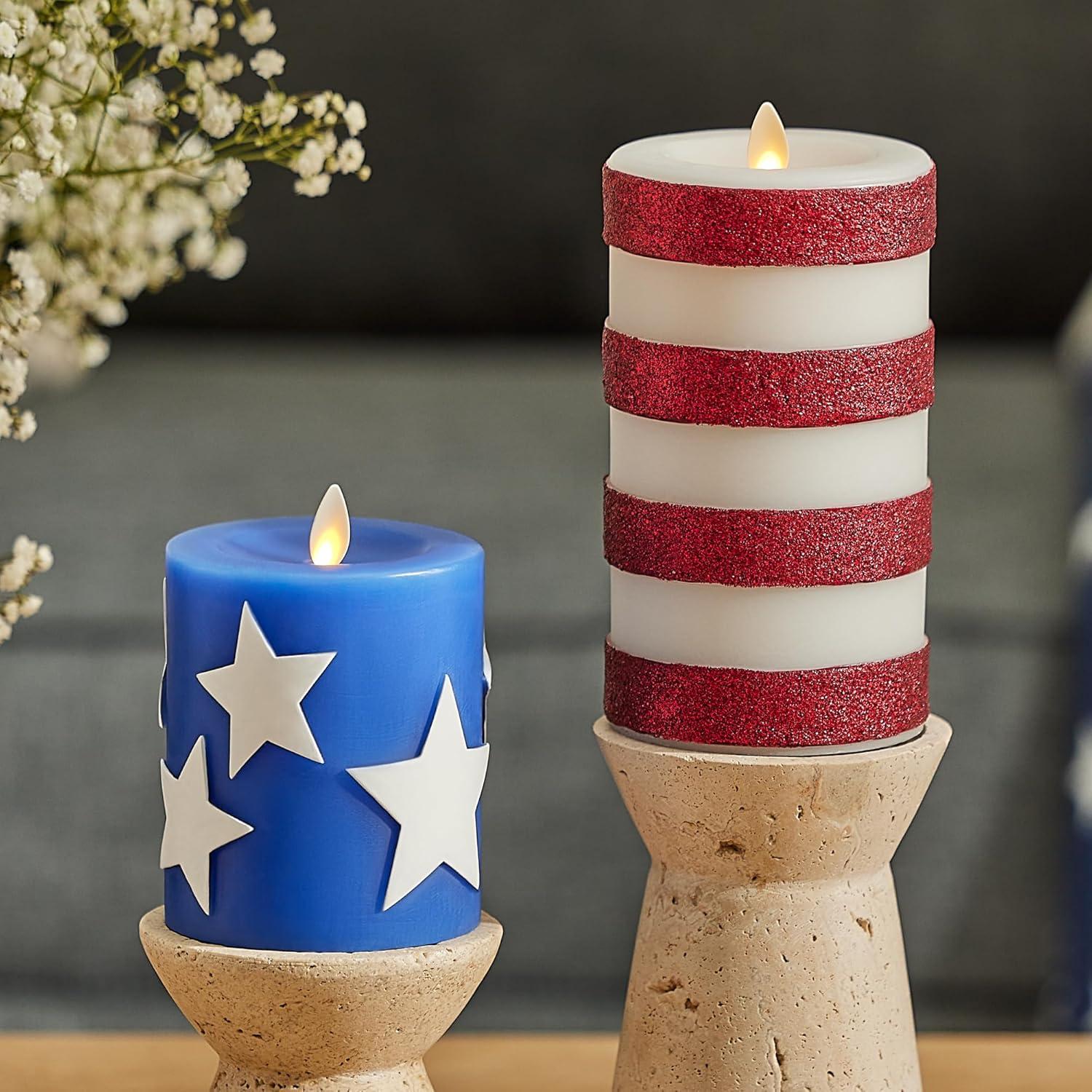 imageLuminara Flameless LED Stars ampamp Stripes 2 Patriotic Americana Pillar Candles Timer Remote Ready American Flag Design for July 4th Memorial Day