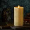 imageLuminara Flameless LED Candle 325x45 with Embossed Metallic Furrow Moving Flame LED Pillar Real Wax with Recessed Edge Battery Operated  Pearl IvoryChampagne