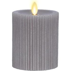 imageLuminara Flameless LED Candle 325x45 with Embossed Metallic Furrow Moving Flame LED Pillar Real Wax with Recessed Edge Battery Operated  Pearl IvoryGray