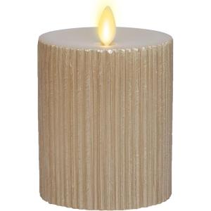 imageLuminara Flameless LED Candle 325x45 with Embossed Metallic Furrow Moving Flame LED Pillar Real Wax with Recessed Edge Battery Operated  Pearl IvoryPearl Ivory