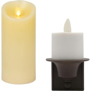 image:imageLuminara Bundle Set of Moving Flame Pillar LED Candle 65 Tall  Ivory with Flameless Candle Nightlight  Plug in Dusk to Dawn Sensor